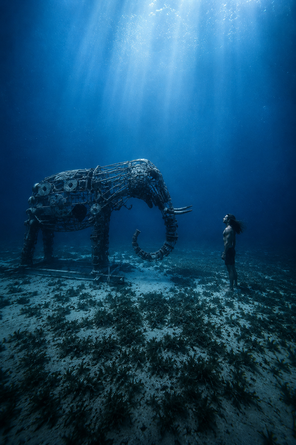 Underwater elephant sculpture with freediver in Dahab